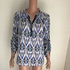Chico’s Embellished Blue/Green Geometric Patterned Shirt Women's Size 6 Blouse